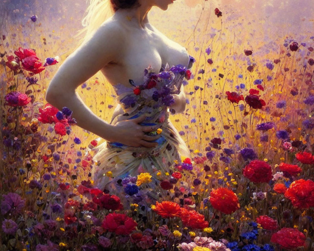 Woman in Floral Dress Surrounded by Wildflowers and Sunlight