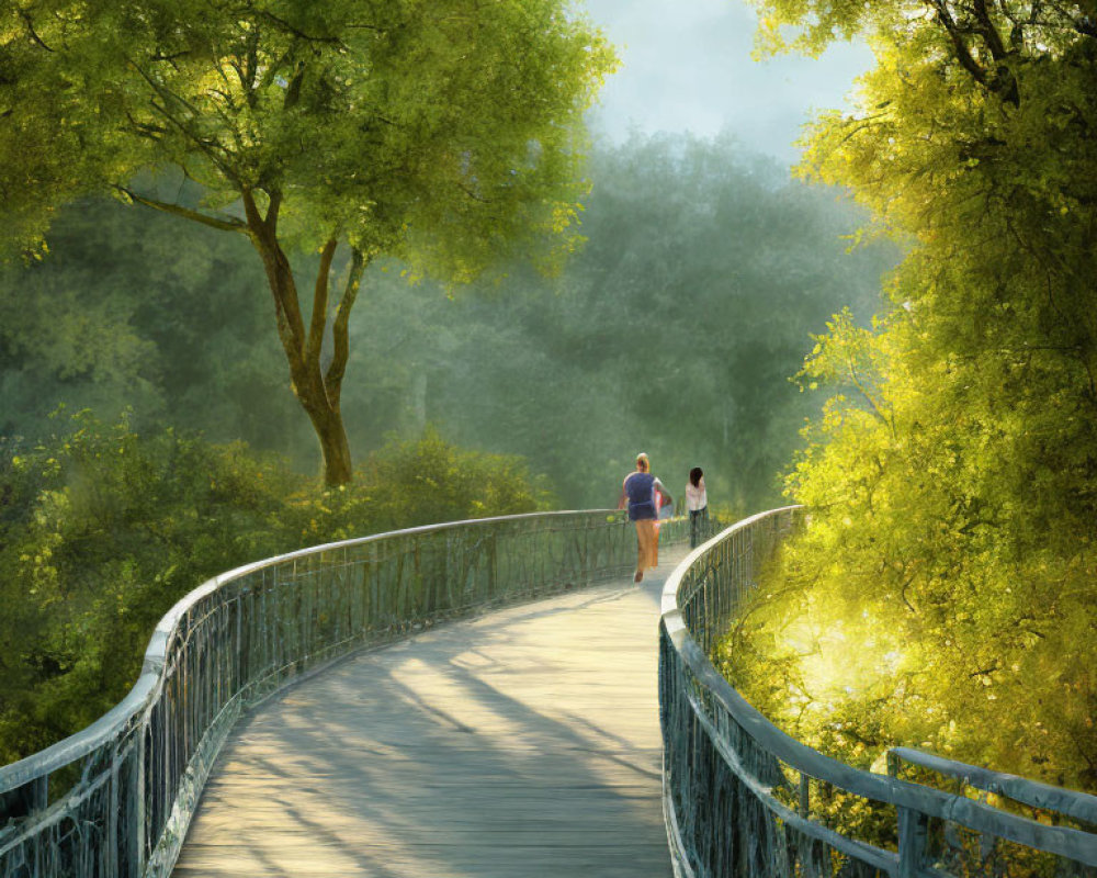 Curved pathway with metal railing in lush park with two people walking