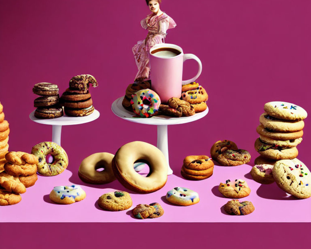 Colorful display of cookies, donuts, mug, and figurine on tiered stand against pink