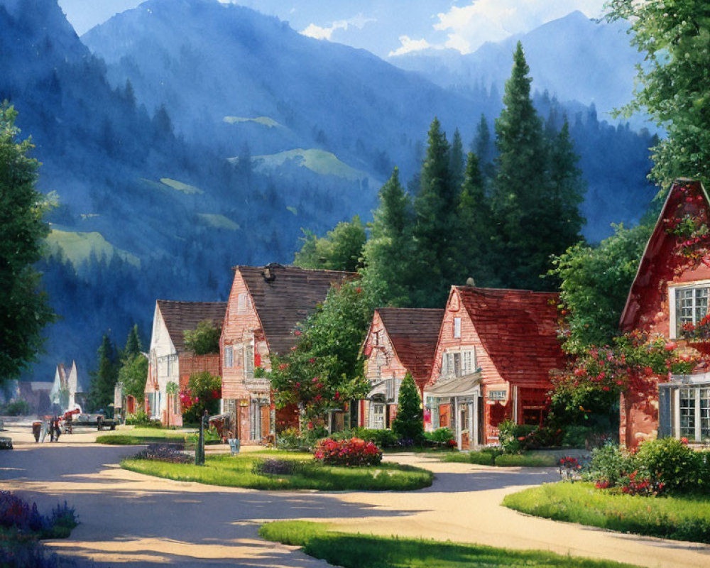 Charming village street with blooming gardens and mountain backdrop