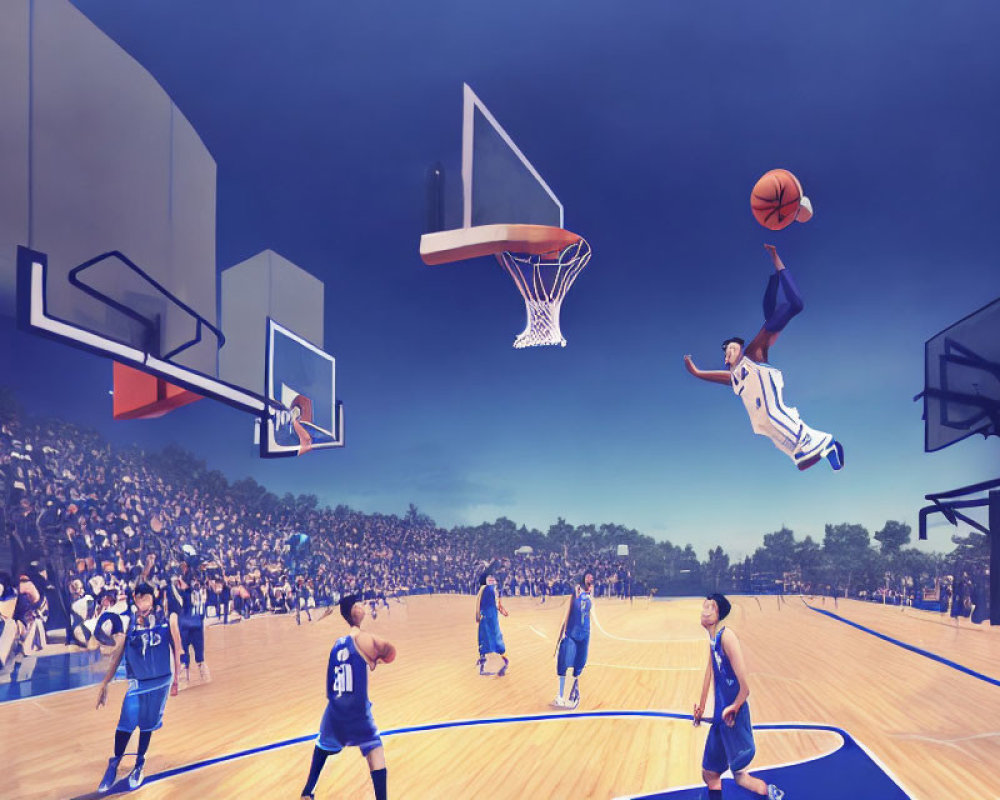 Stylized basketball game scene with player dunking in mid-air.