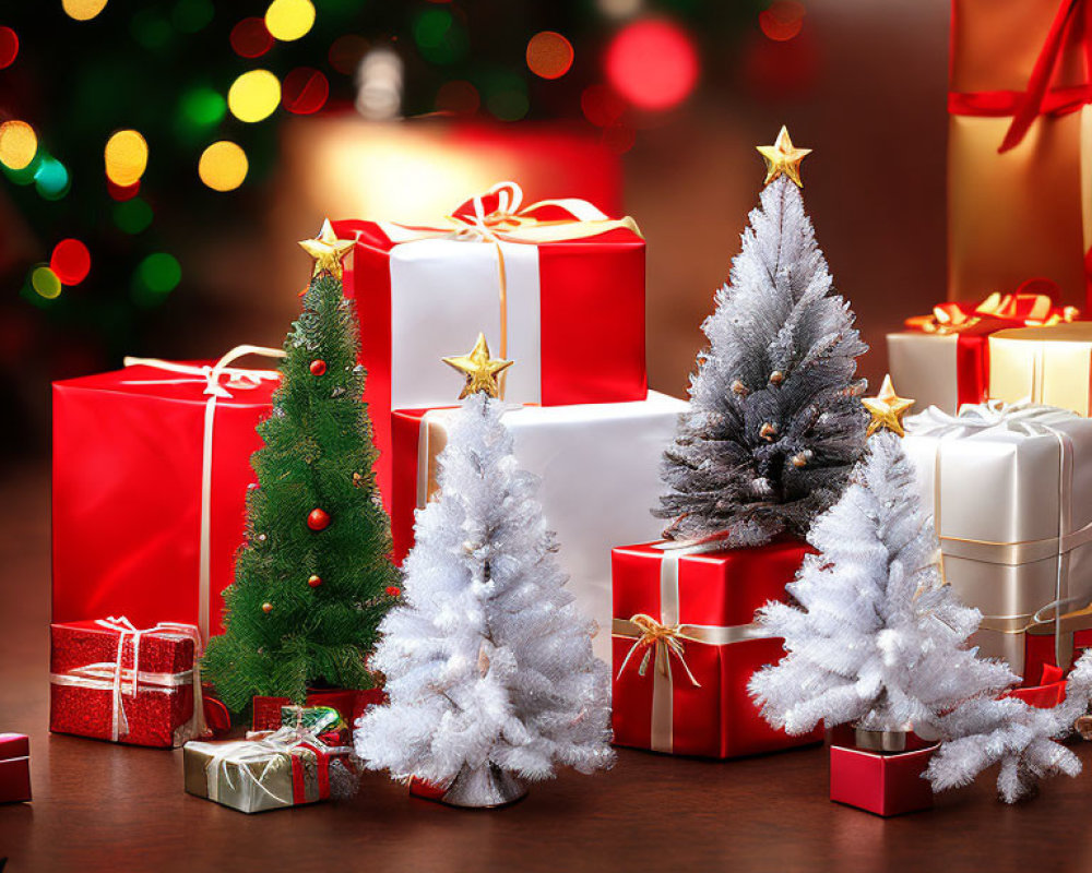 Red and White Gift Boxes with Golden Ribbons and Christmas Trees in Festive Setting