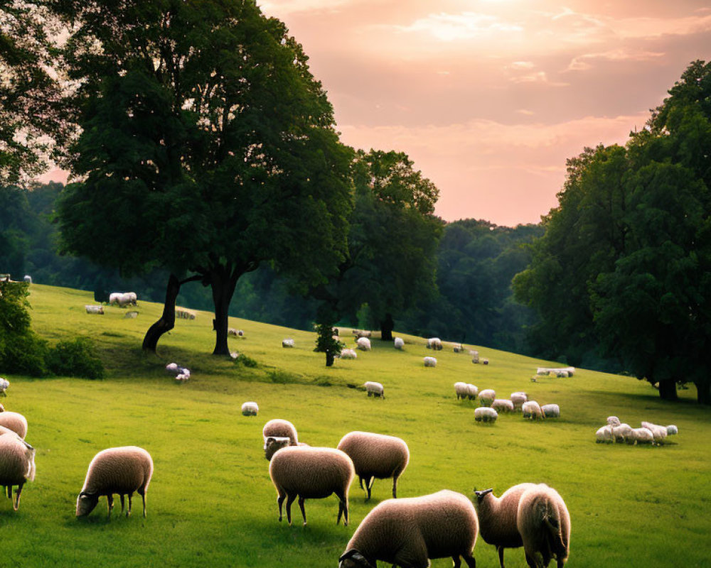 Tranquil Sunset Pasture with Grazing Sheep & Trees