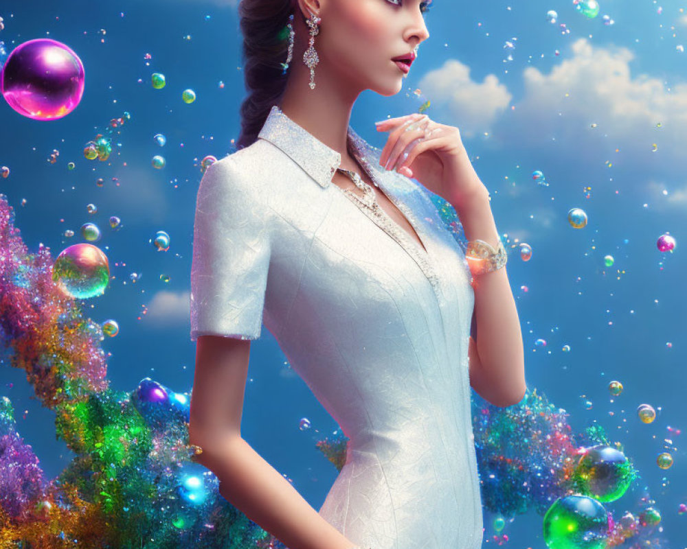 Elegant woman in white dress surrounded by colorful bubbles and surreal foliage