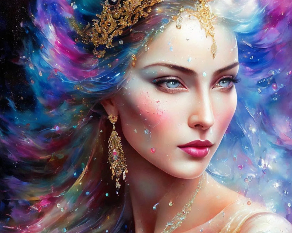 Vibrant multicolored hair woman with golden crown and face jewels