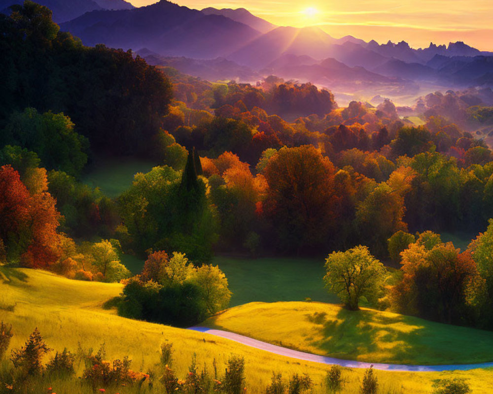 Vibrant autumn landscape with sunrise, mountains, and wildflowers