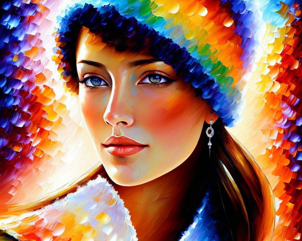 Colorful portrait of a woman with blue eyes in knit cap and white coat