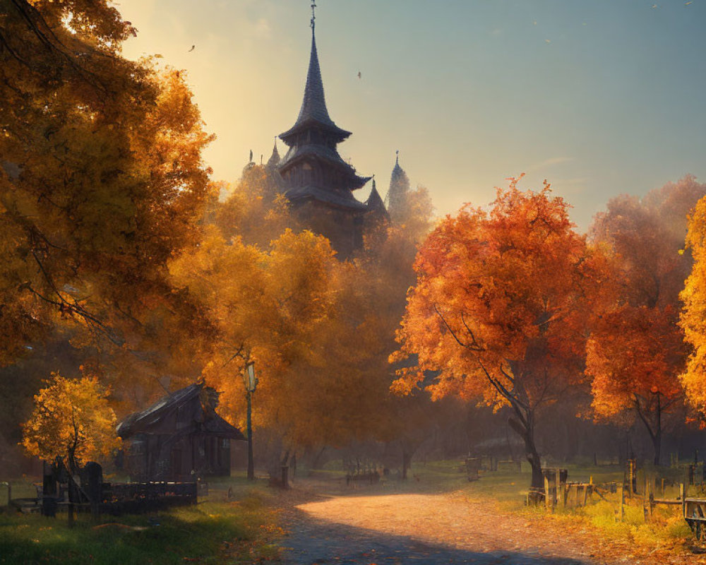 Autumn landscape with winding path through golden trees to fairy-tale tower