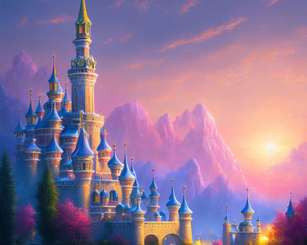 Enchanting fairytale castle in magical sunset landscape