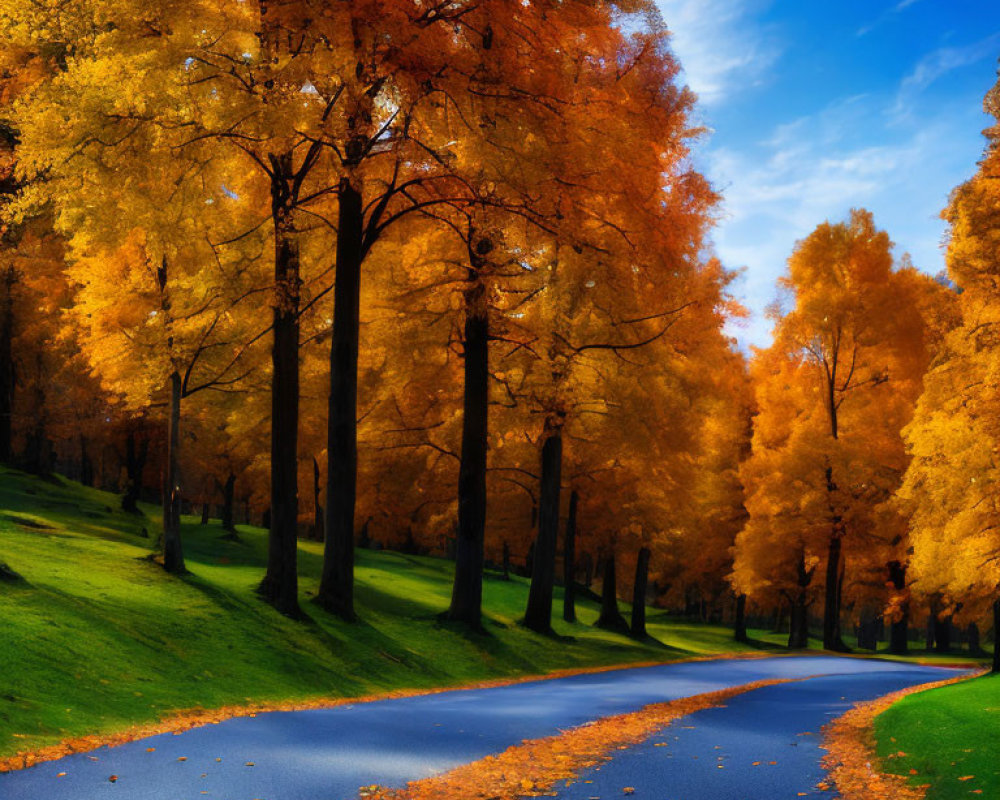 Scenic autumn park road with vibrant orange and yellow foliage