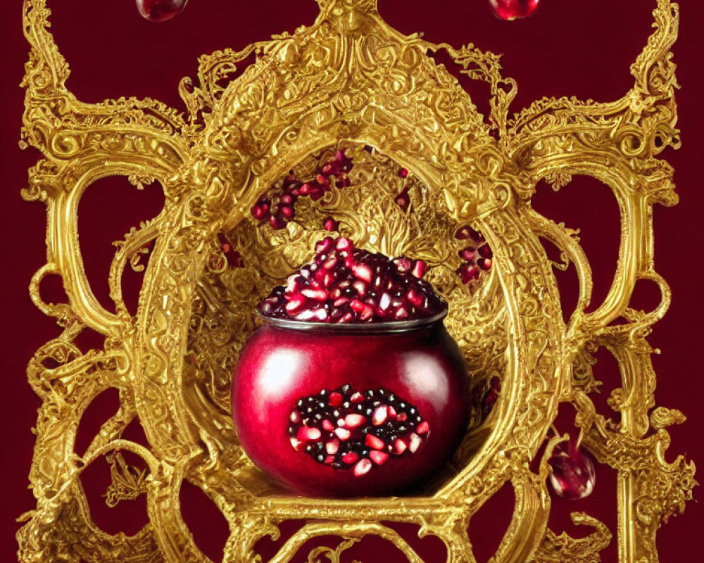 Golden Frame Surrounds Red Pomegranate in Ornate Setting