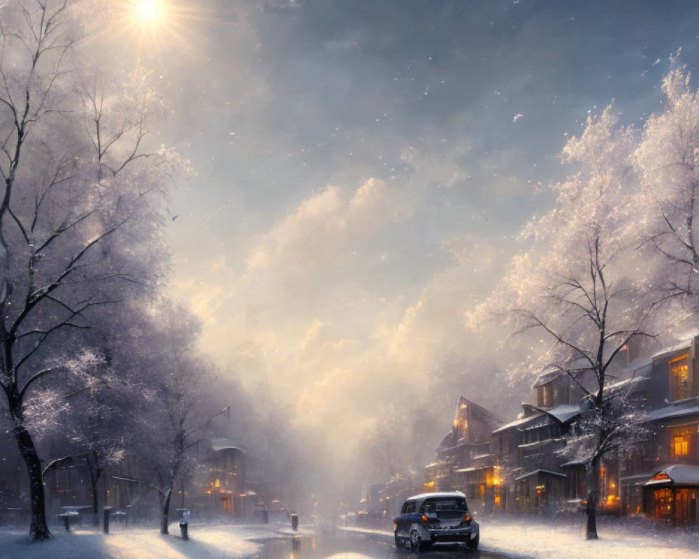 Snowy Street at Dusk: Illuminated Buildings, Bare Trees, Solitary Car