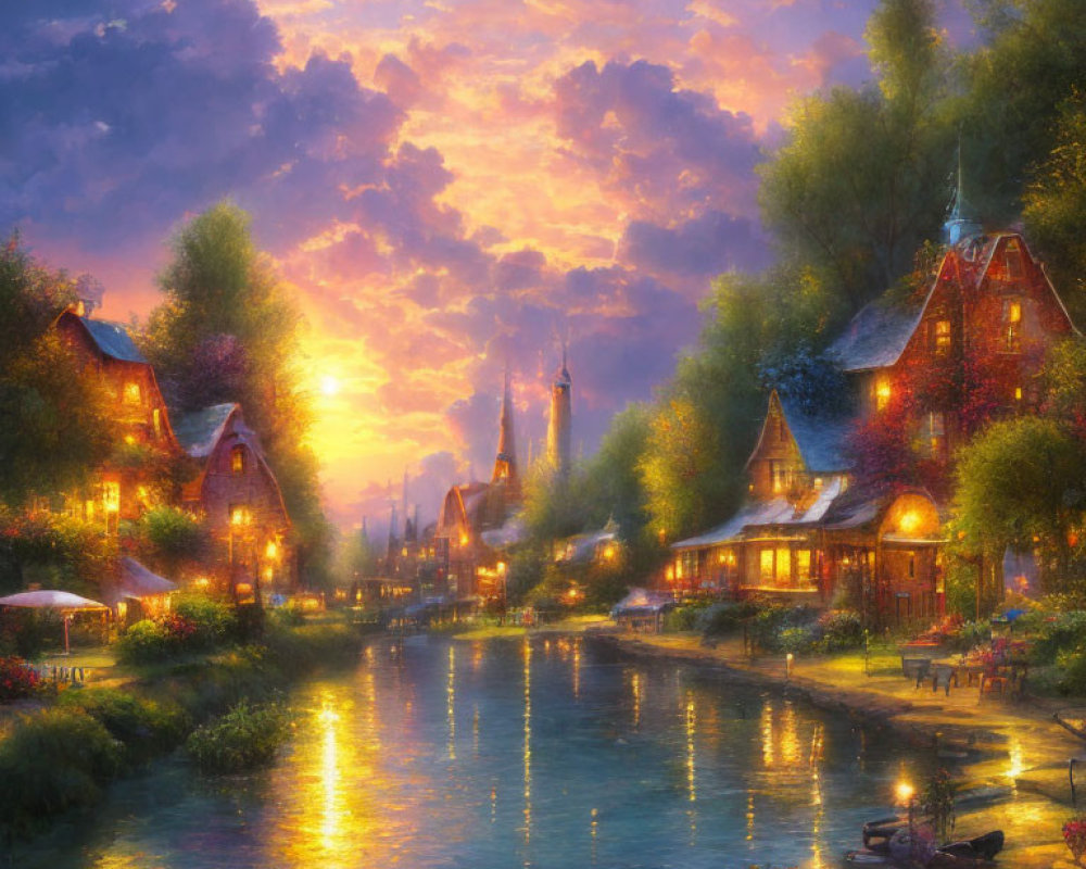 Scenic village at dusk with illuminated cottages near serene river