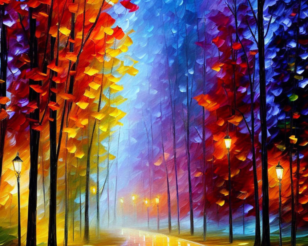 Vibrant Stylized Painting: Autumn Forest Path with Street Lamps