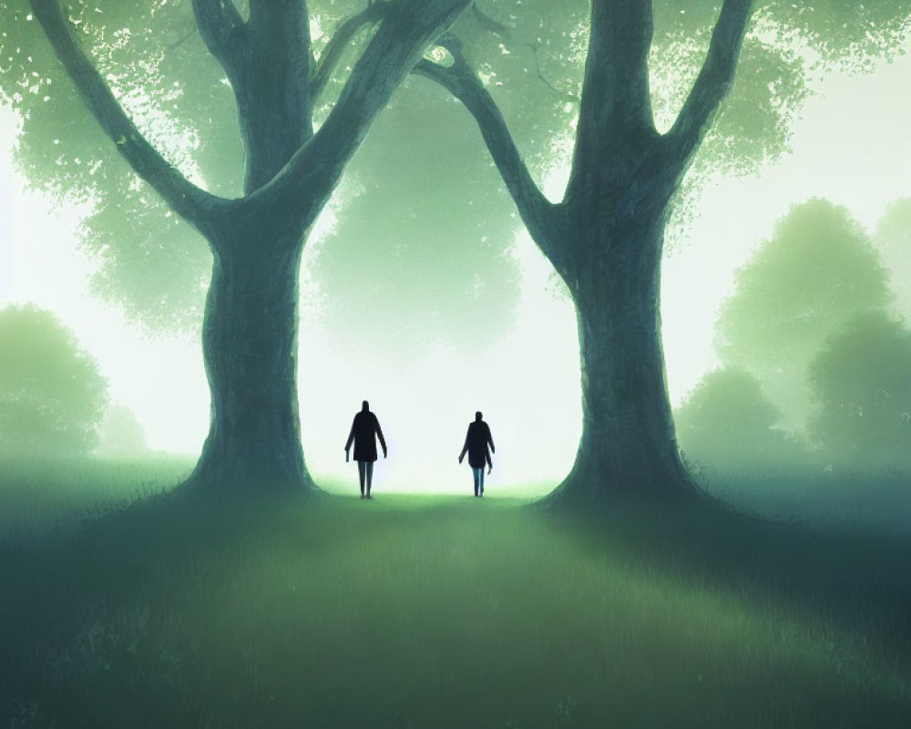 Silhouetted figures walking towards glowing mist in green forest