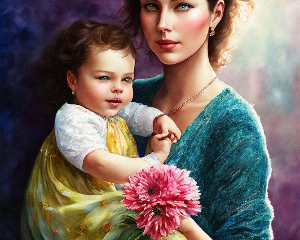 Portrait of woman and child in blue and yellow dresses with pink flower