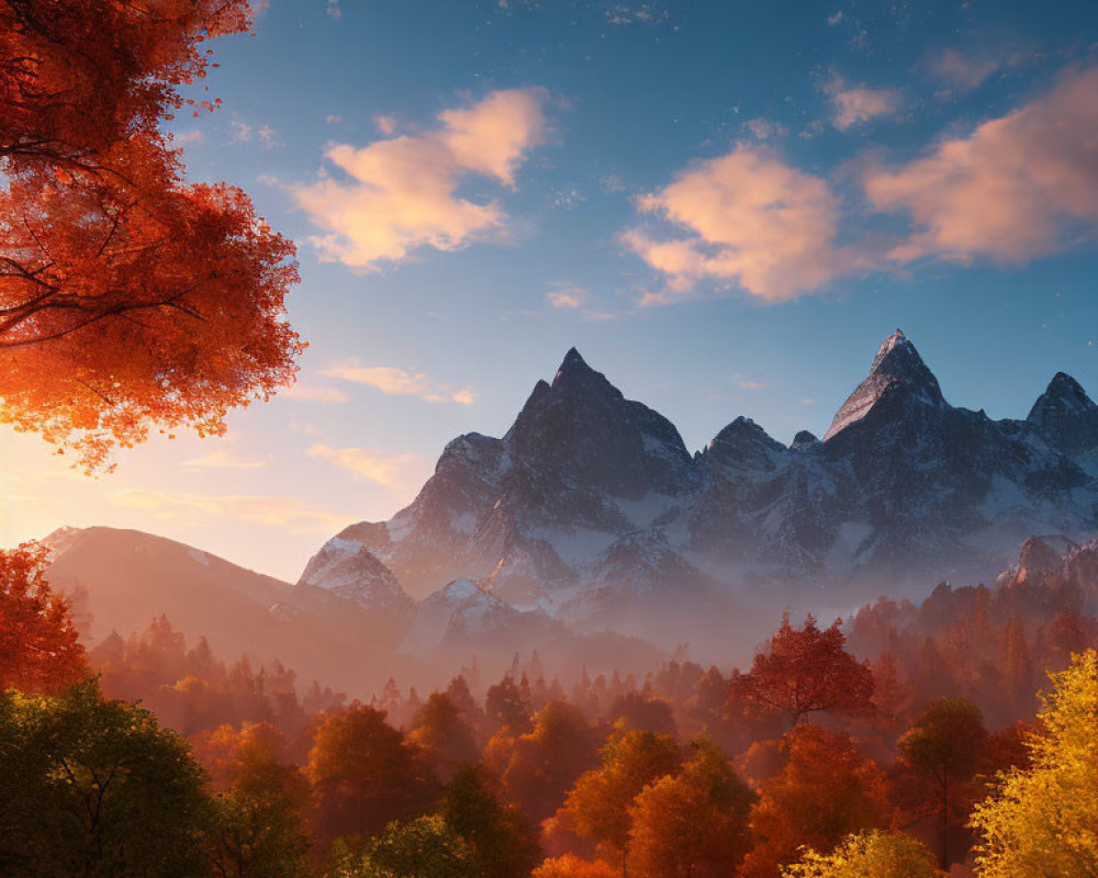 Vibrant Autumn Forest with Snowy Mountains and Sunrise Sky