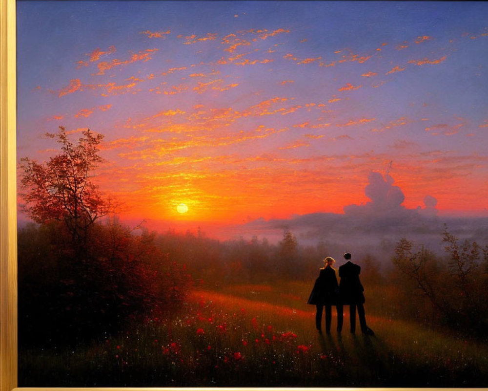 Artwork of Couple Holding Hands at Sunset with Vibrant Sky, Trees, and Flowers