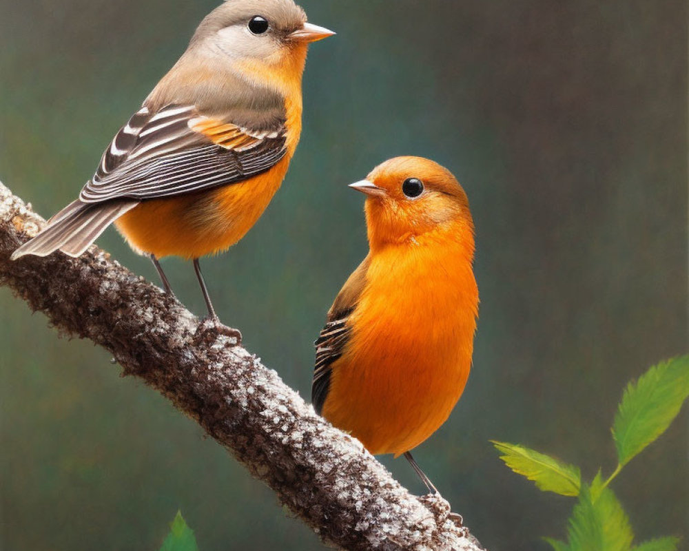 Contrasting plumage: Bright orange and soft grey birds on green branch