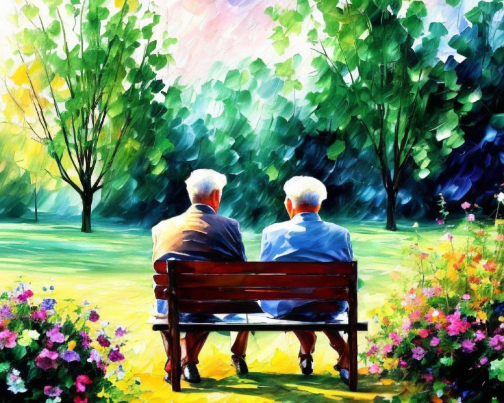 Peaceful scene: Two individuals on park bench in vibrant, sunny painting