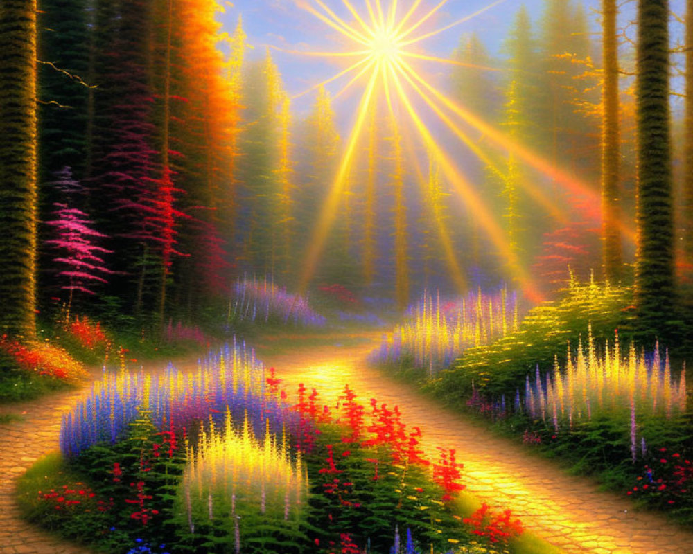 Colorful Flower-Lined Forest Path Under Radiant Sun