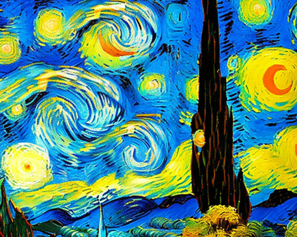 Starry Night Sky Painting with Crescent Moon & Cypress Tree