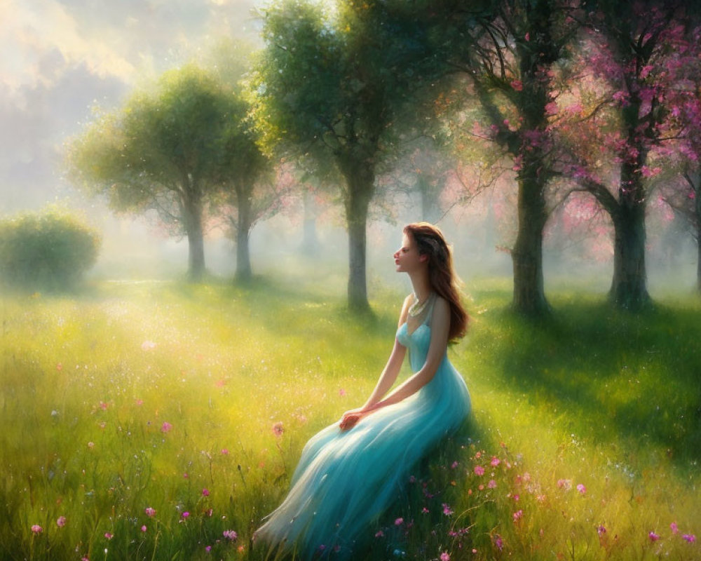 Woman in Blue Dress Sitting in Sunlit Meadow with Blooming Trees