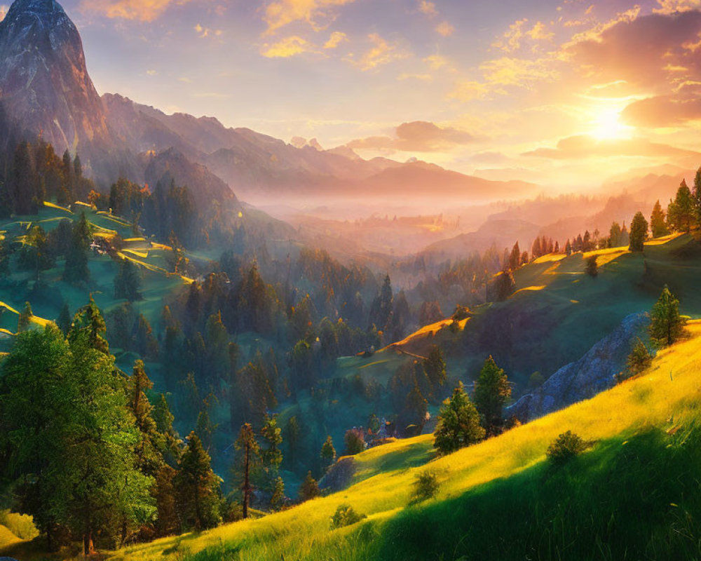 Vibrant sunset over lush valley with rolling hills and mountain