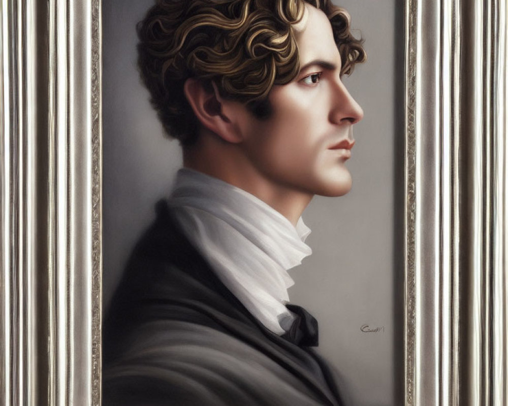 Realistic profile portrait of a young man with wavy hair in classical style