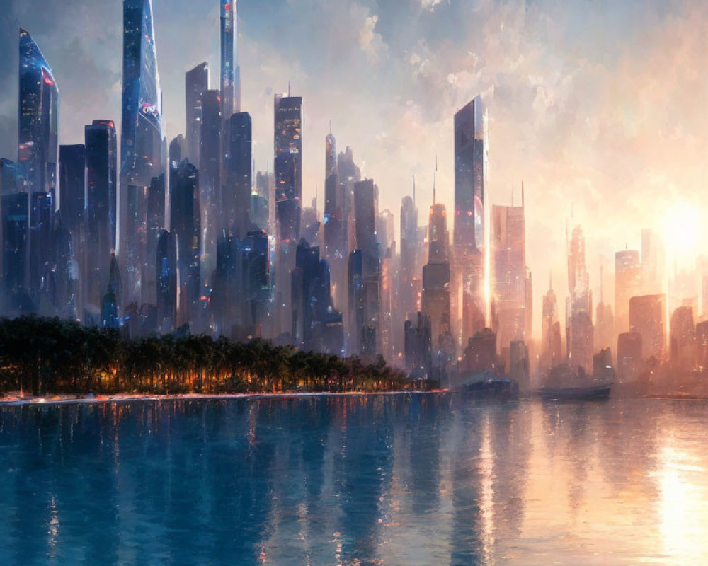 Modern skyline with tall skyscrapers by serene waterfront at sunrise or sunset