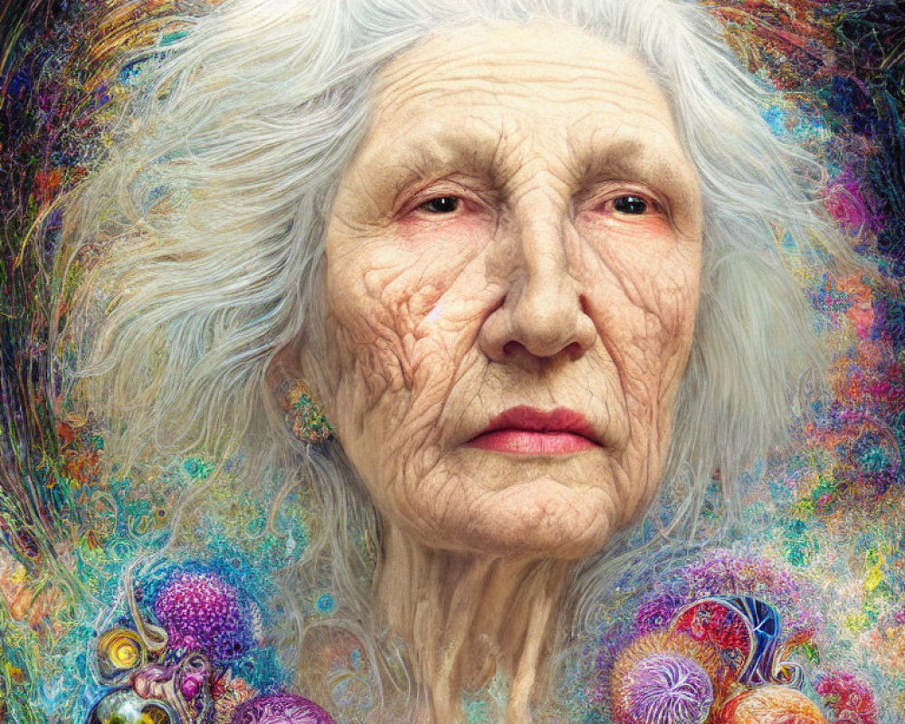 Elder woman portrait with surreal swirls and organic shapes