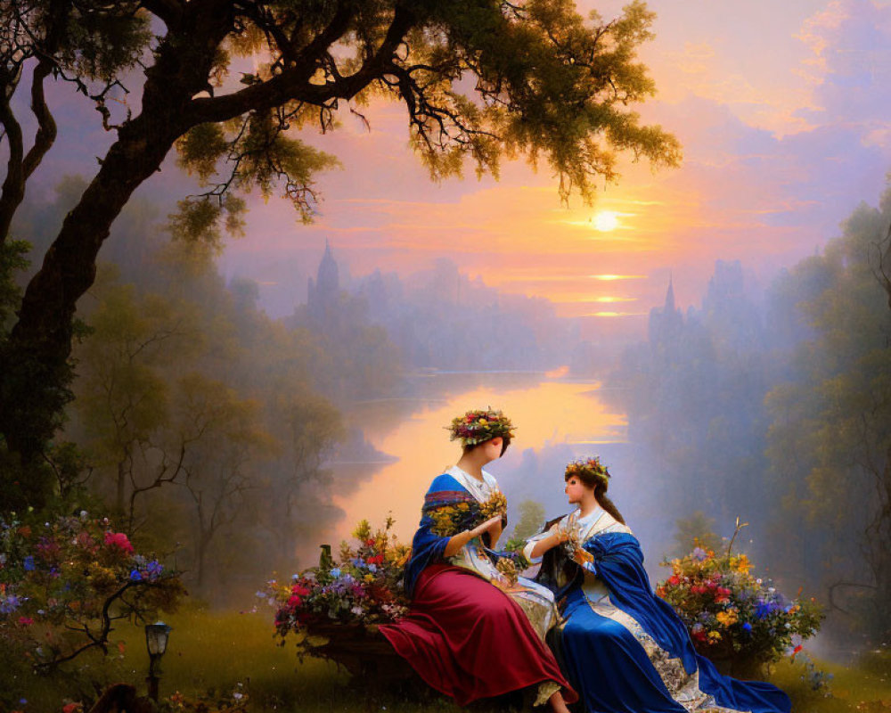 Two women in historical dresses by river at sunset with castle and flowers.