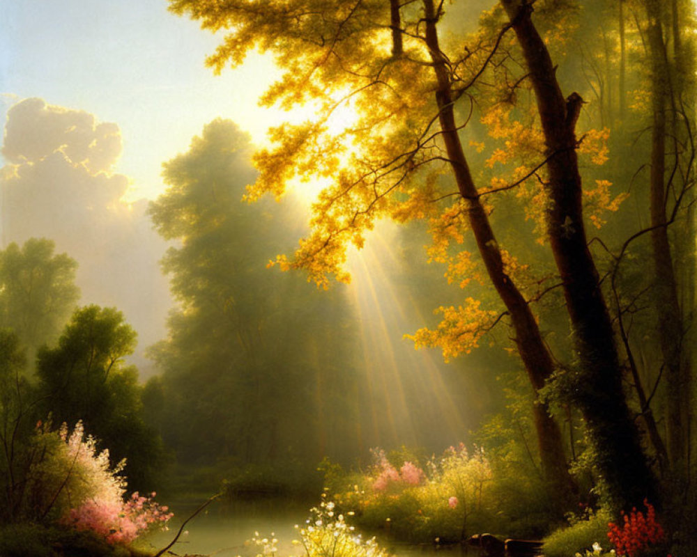 Tranquil forest scene with sunlight, vibrant flowers, and serene river