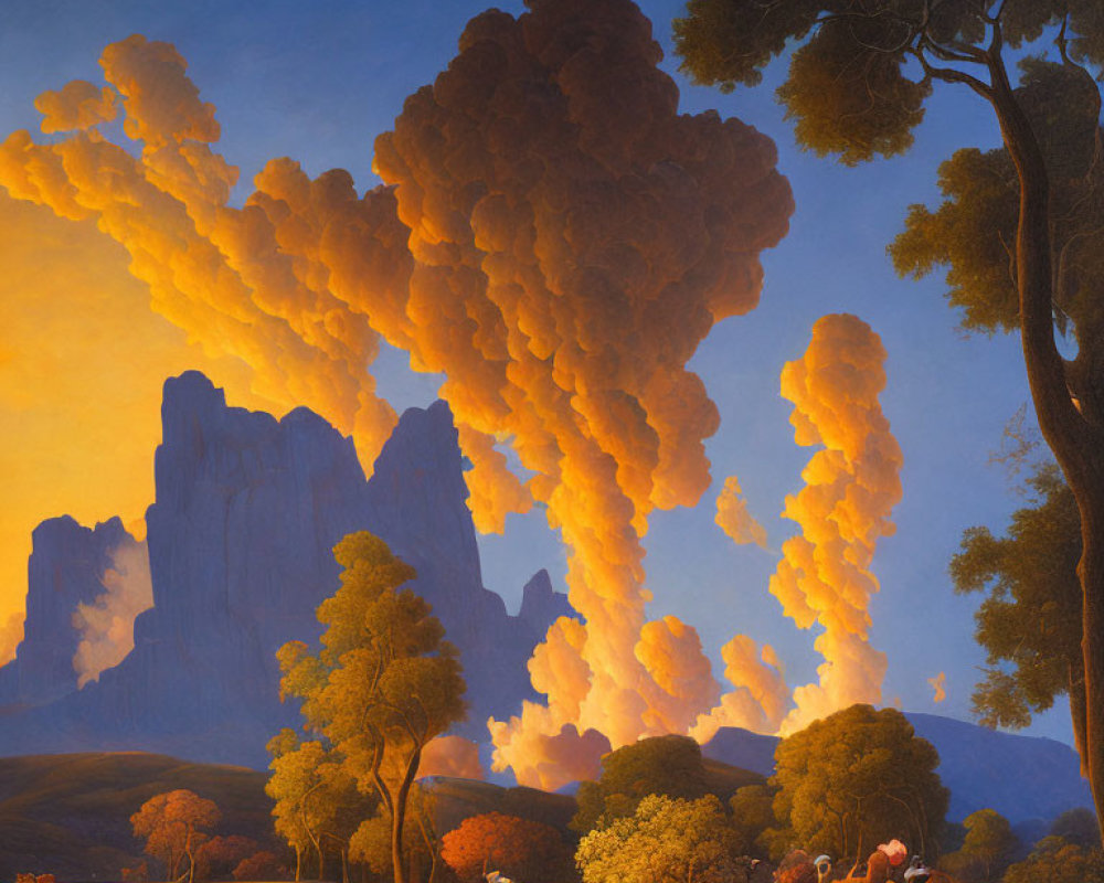 Vivid painting of pastoral scene with billowing smoke clouds and serene foreground