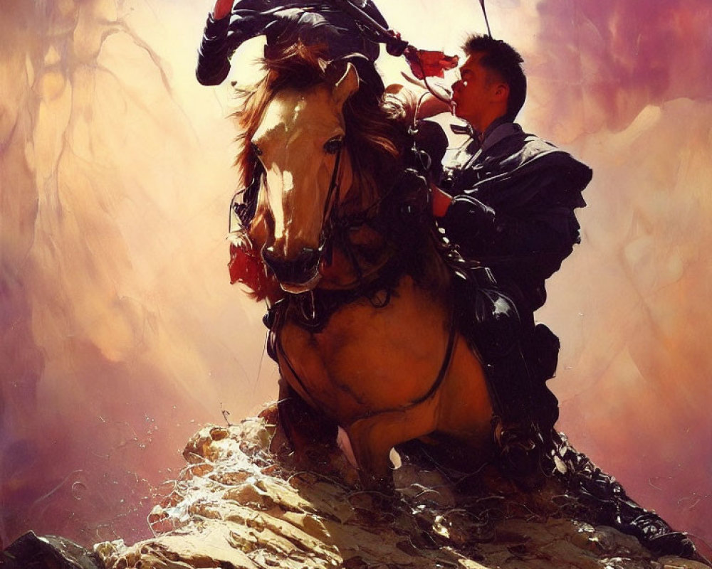 Two individuals on horseback in rocky terrain with one wielding a sword.