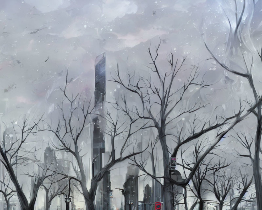 Barren trees and misty skyscrapers in a dystopian cityscape