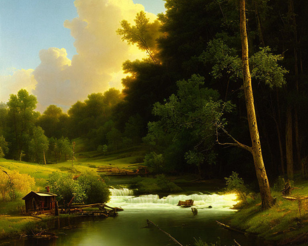 Tranquil landscape with river, waterfall, trees, clouds, and wooden hut