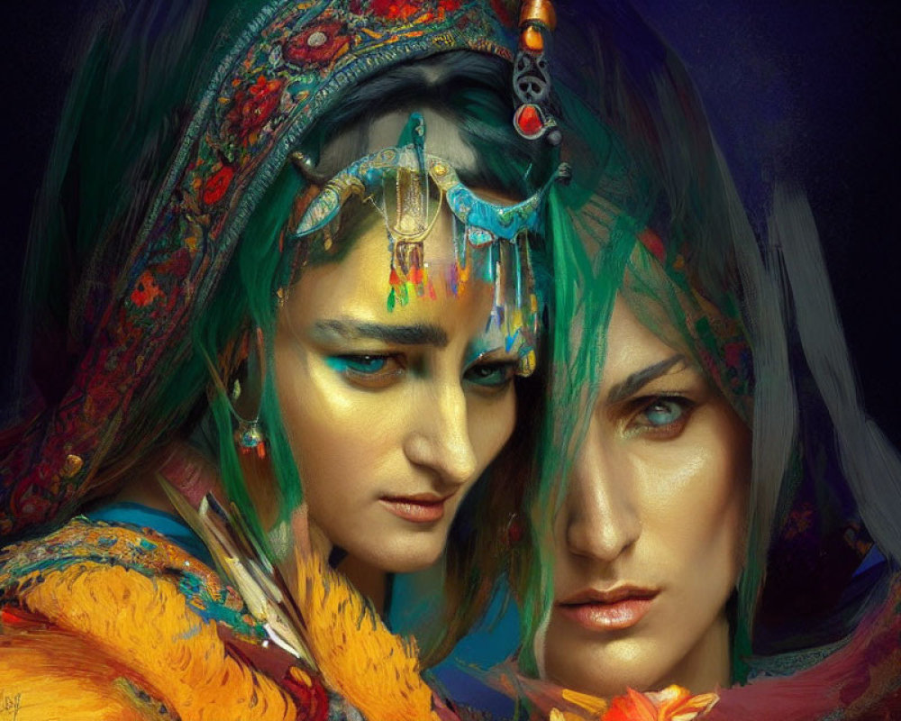 Vibrant digital artwork of two individuals in elaborate headdresses