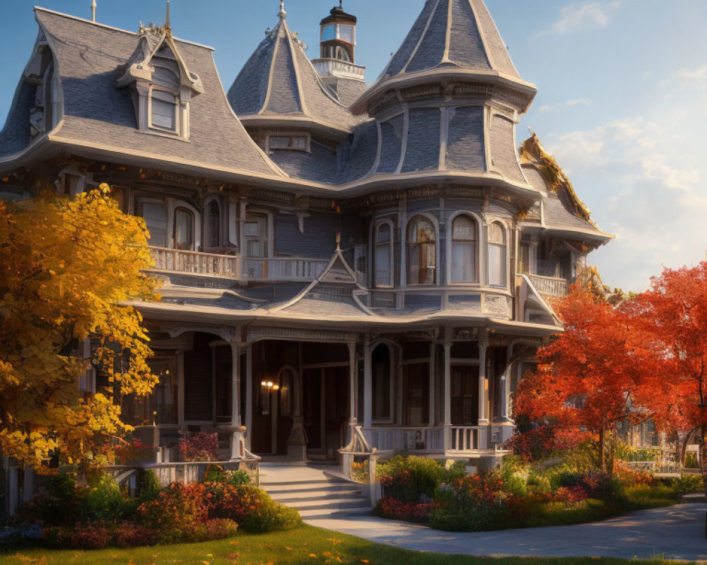 Victorian-style Mansion with Tower and Wrap-around Porch in Autumn Setting