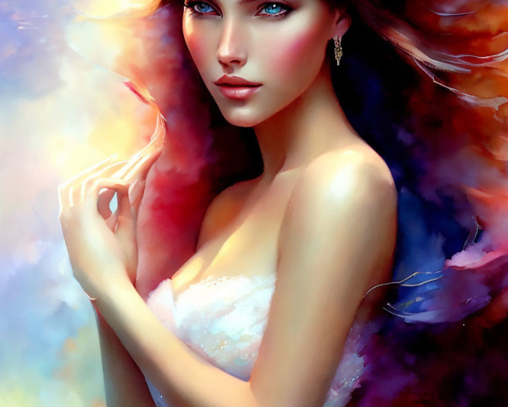 Vibrant digital painting of woman with blue eyes in pastel swirls