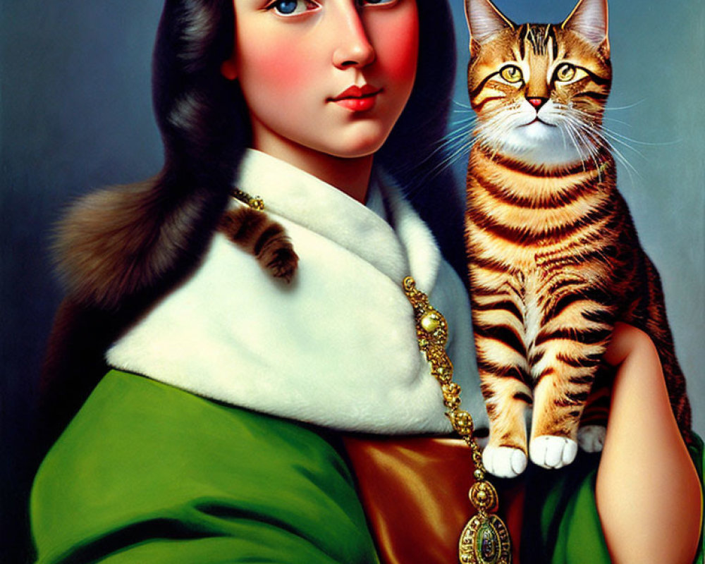 Artwork featuring woman with cat head in green dress & gold pendant