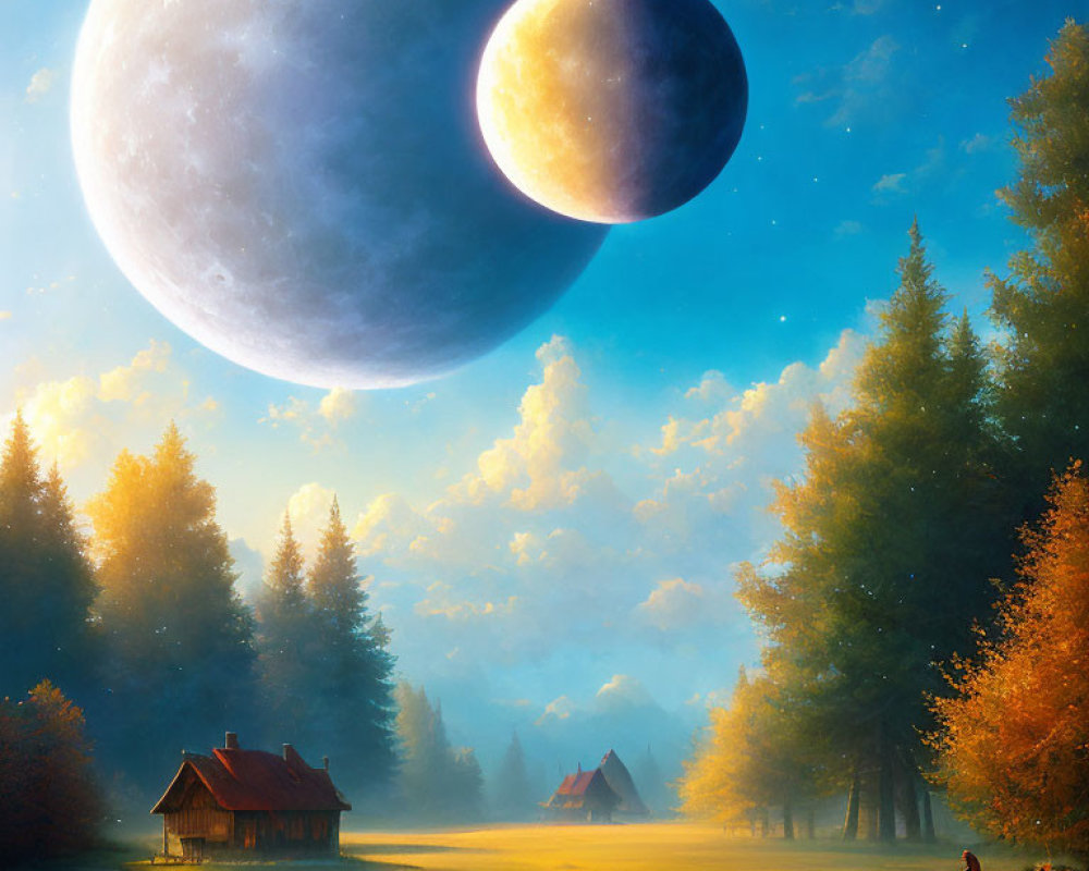 Surreal landscape with large moon, misty forest, cottage, and carriage