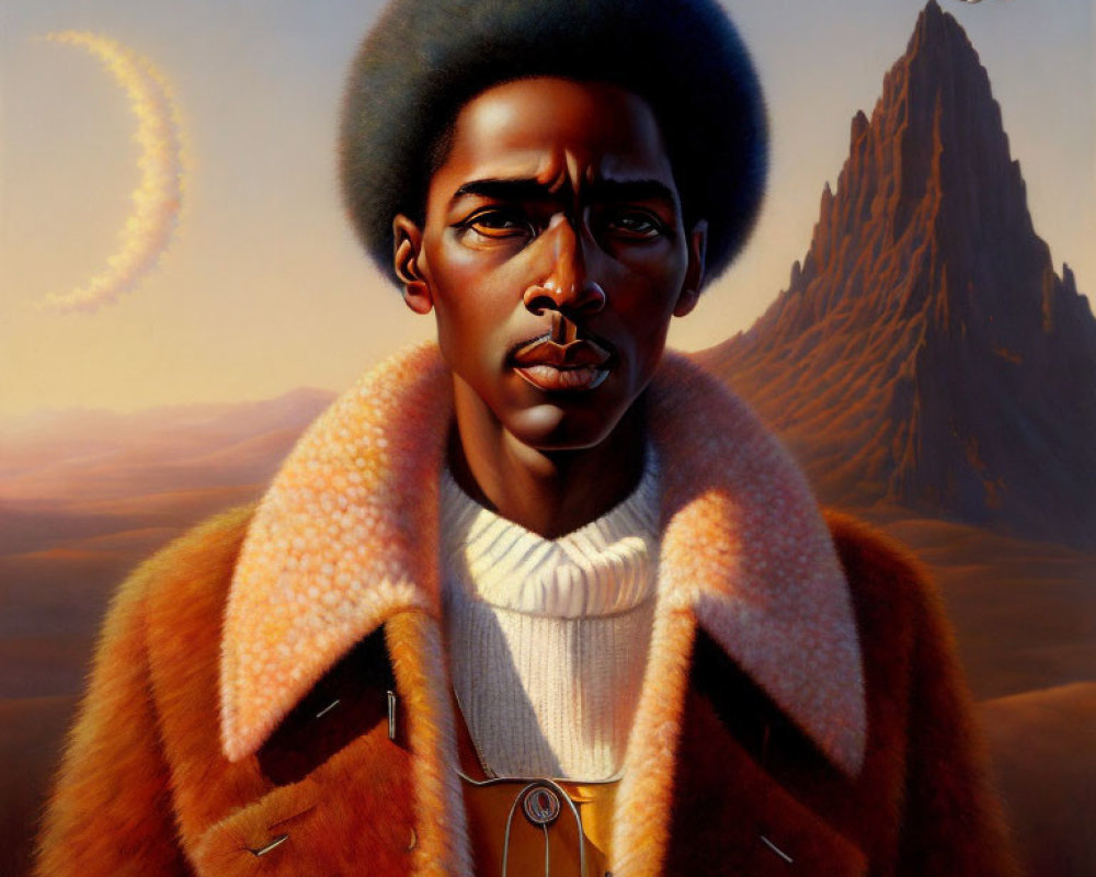 Portrait of man with afro in fur coat, surreal mountain peak background