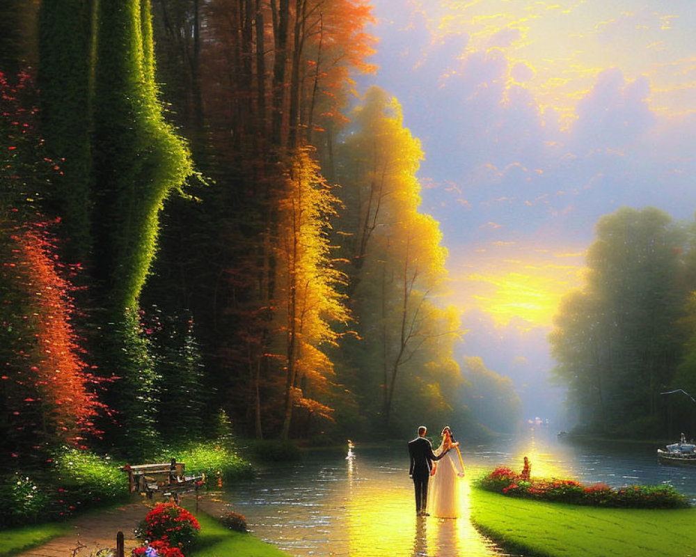 Couple Holding Hands by Tranquil River Surrounded by Vibrant Foliage