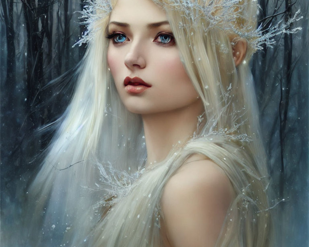 Fantasy illustration of pale woman with blue eyes in icy crown, against wintry forest