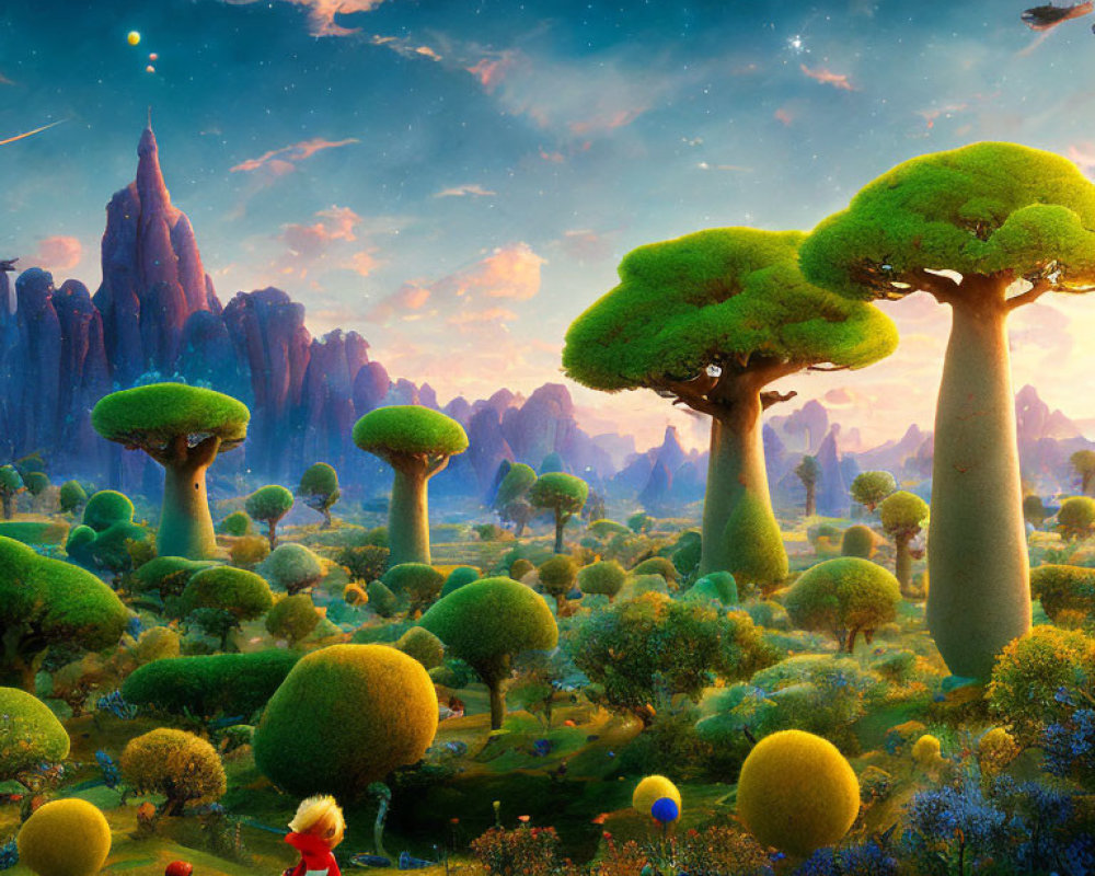 Fantasy landscape with oversized mushroom trees and whimsical character under starry sky