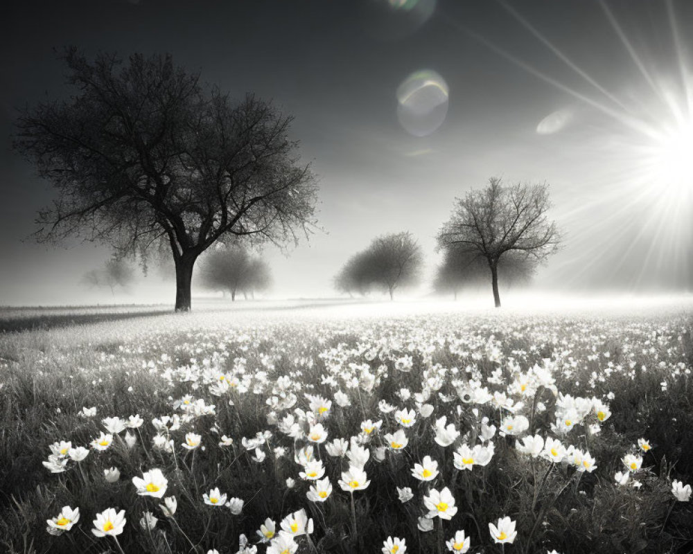 Monochrome landscape with sunburst, white flowers, and silhouette trees