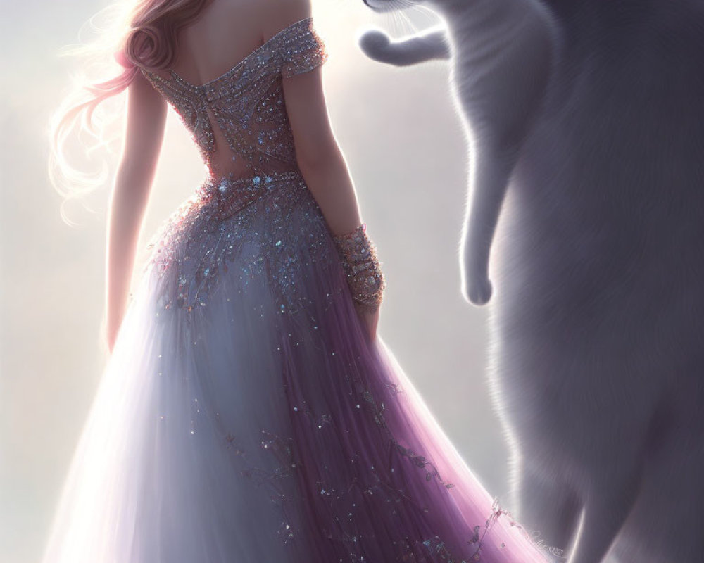 Woman in glittery gown with gentle grey cat in soft-lit scene