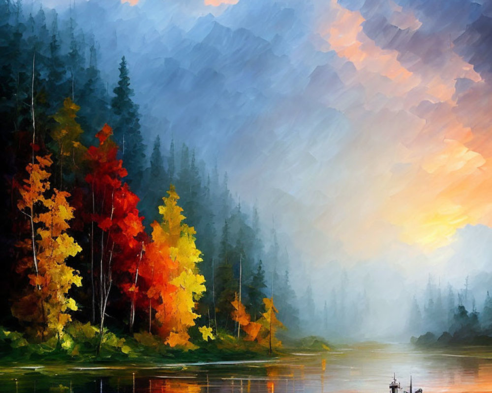 Serene lake sunset digital painting with boat and autumn trees