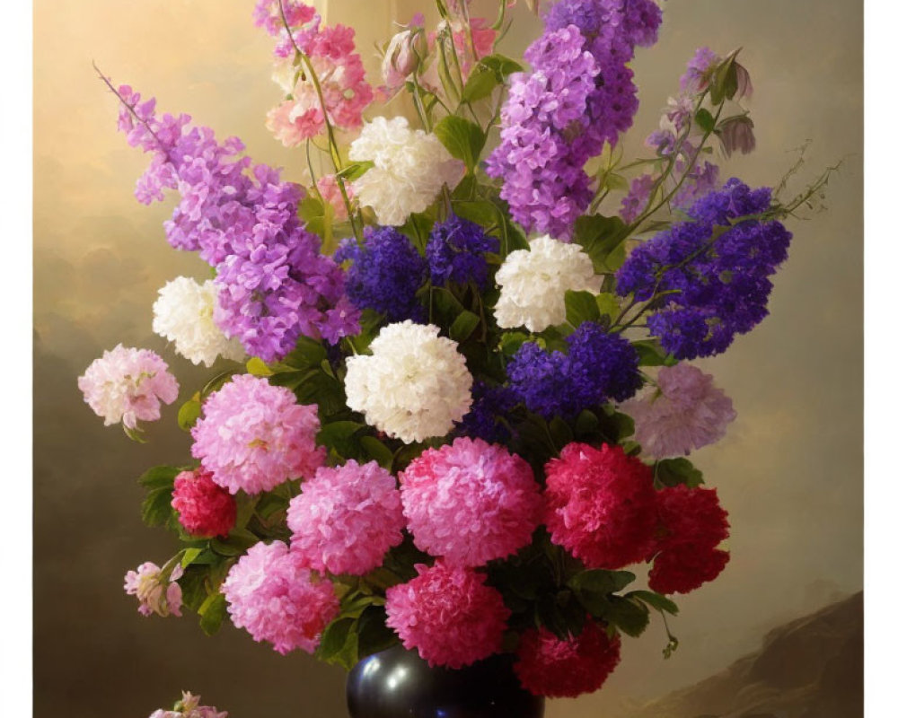 Colorful Flower Bouquet in Black Vase on Soft Backdrop